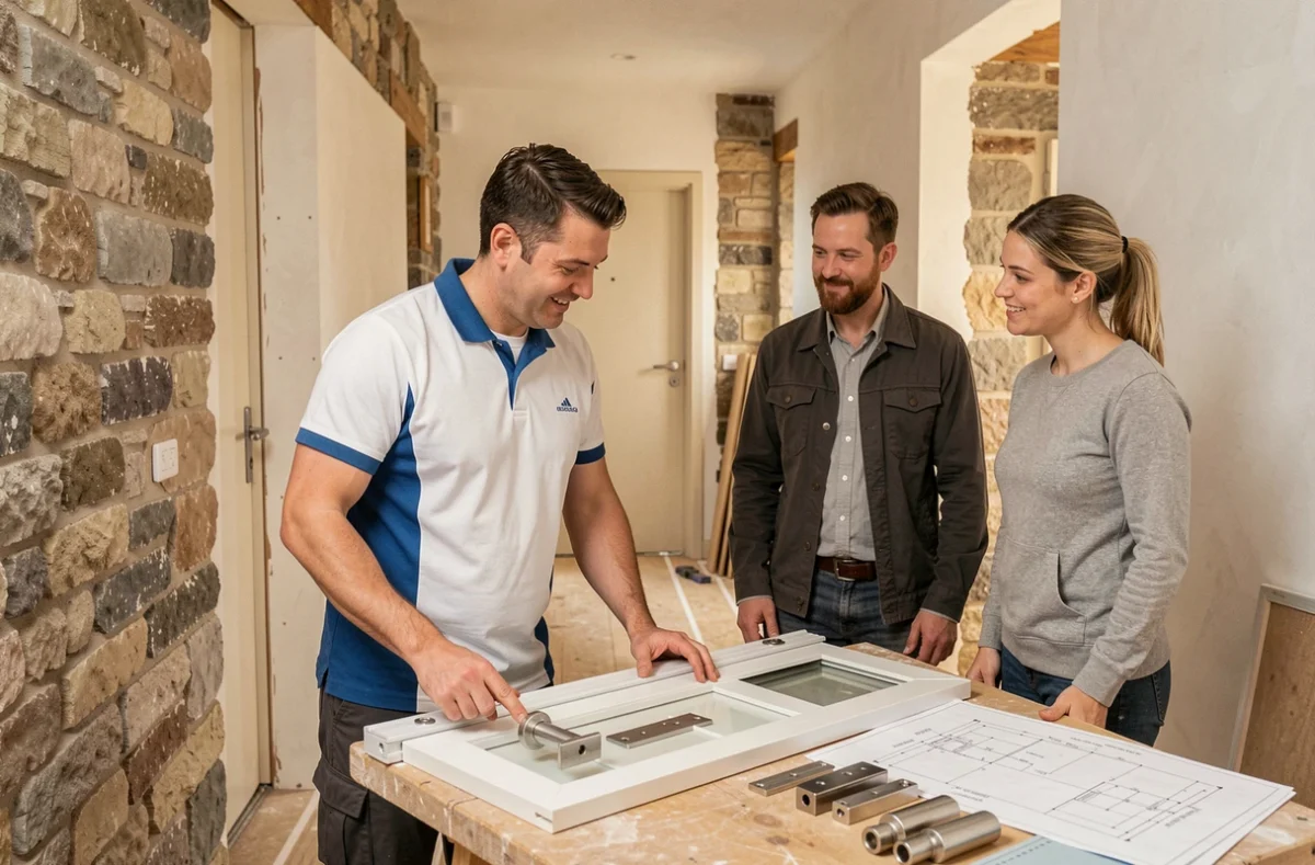 Artisan d'AB Pro Habitat conseillant un couple de propriétaires sur le choix d'une serrure pour leur rénovation de maison