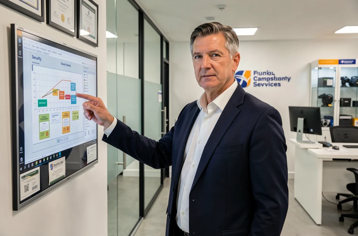 AB Sécurité, consultant en sécurité présentant un audit dans un bureau moderne de société de sécurité en Alsace