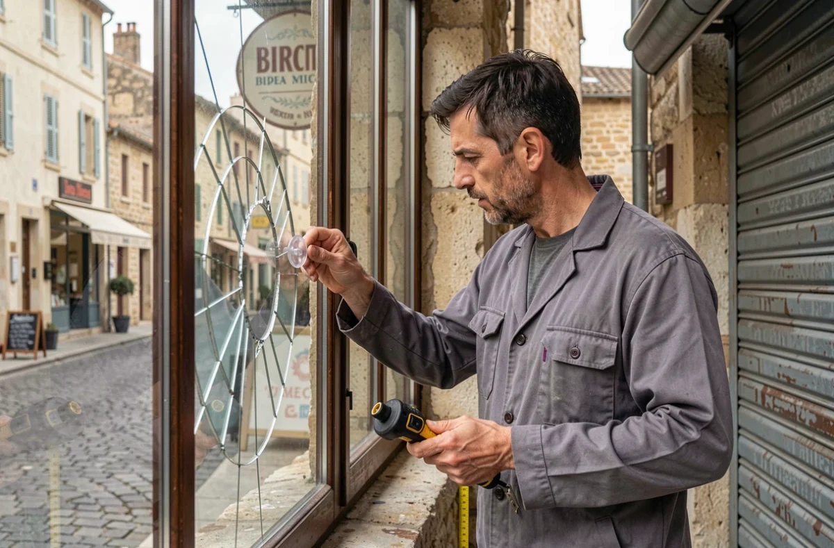 Serrurier-vitrier Abaca mesurant un carreau fissuré sur devanture commerciale dans une rue commerçante du sud de la France