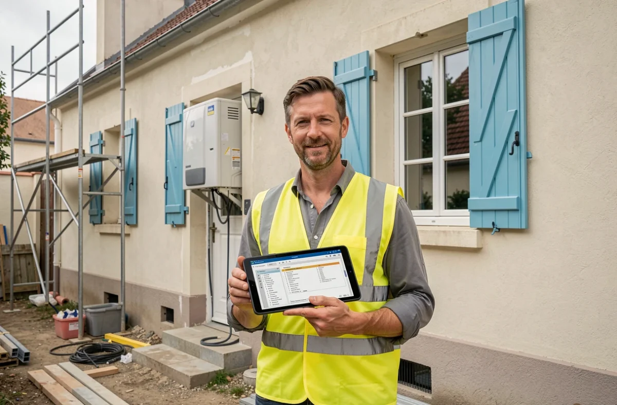 Artisan polyvalent d'ABC Tous Travaux supervisant un chantier de rénovation multi-corps de métier incluant le chauffage et d'autres travaux