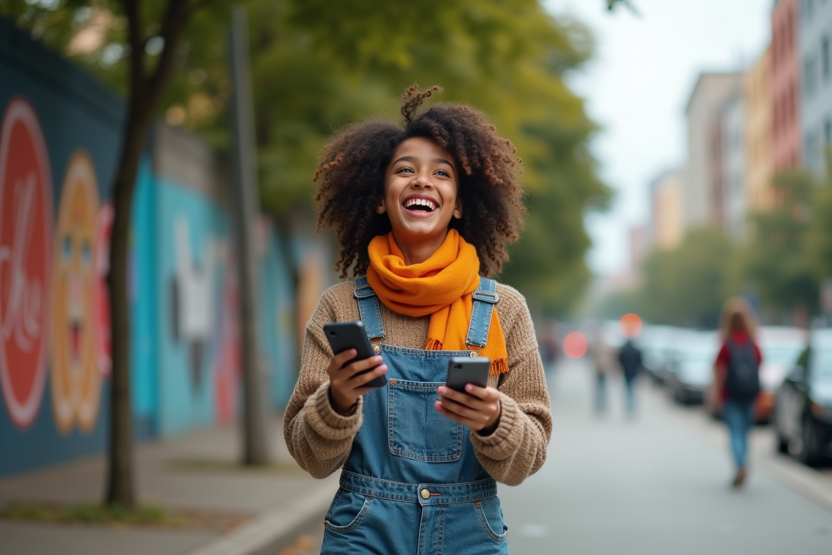 Adolescente en overalls marchant dans la rue urbaine