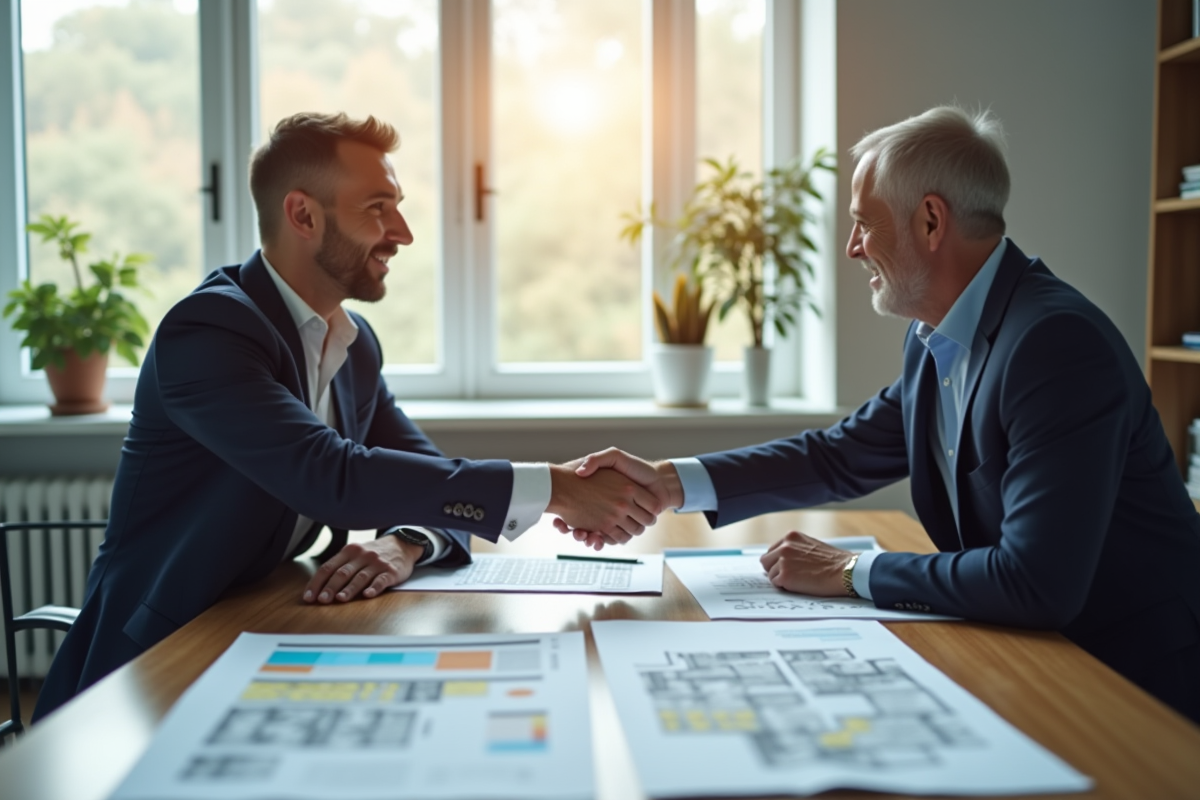 Agent immobilier serrant la main d un investisseur dans un bureau lumineux