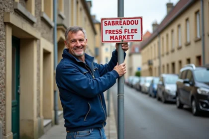 Agent municipal accrochant une affiche colorée de la brocante
