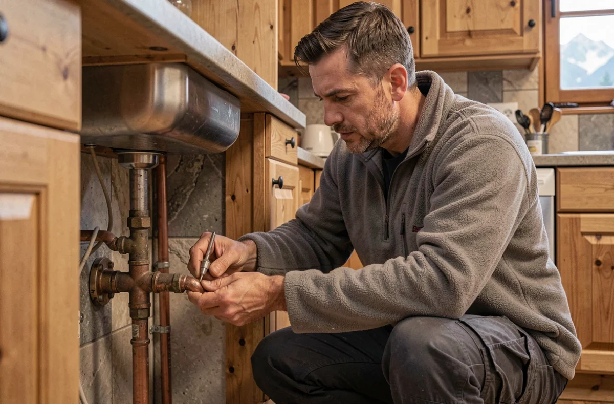 Artisan plombier d'Agir Plomberie réparant une canalisation en cuivre dans une cuisine à Annecy