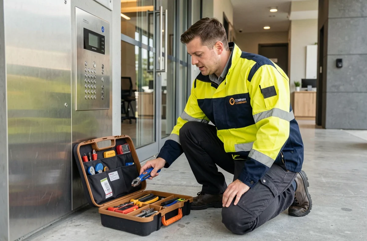 Allo Assistance Serrurerie, technicien intervenant en urgence sur un panneau d'accès électronique d'immeuble moderne