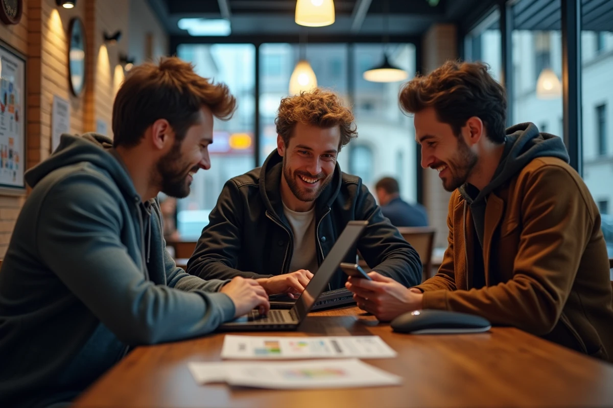 Trois amis discutant performance gaming dans un café