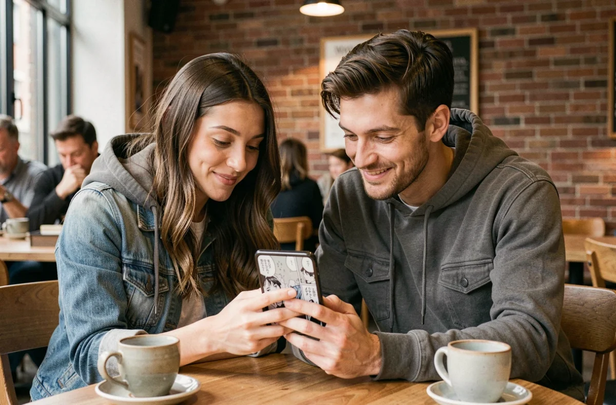 Deux amis lisant un chapitre de manga en français sur un smartphone dans un café urbain moderne