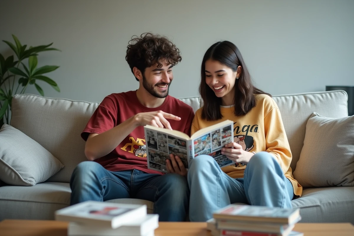 Deux amis lisant ensemble un tome de manga Black Clover sur un canapé dans un appartement moderne