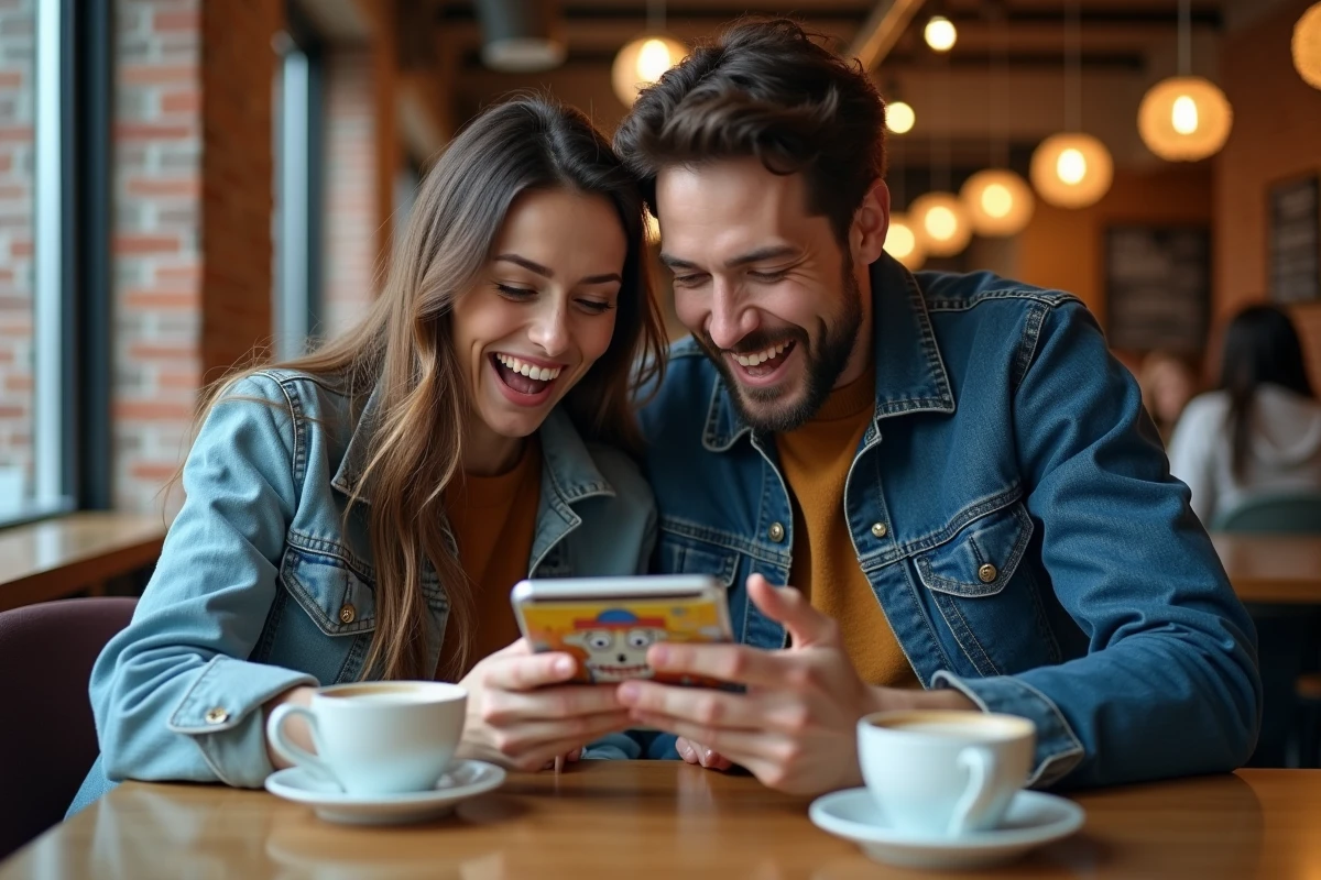 Deux amis lisant ensemble un scan One Piece VOSTFR sur smartphone dans un café urbain