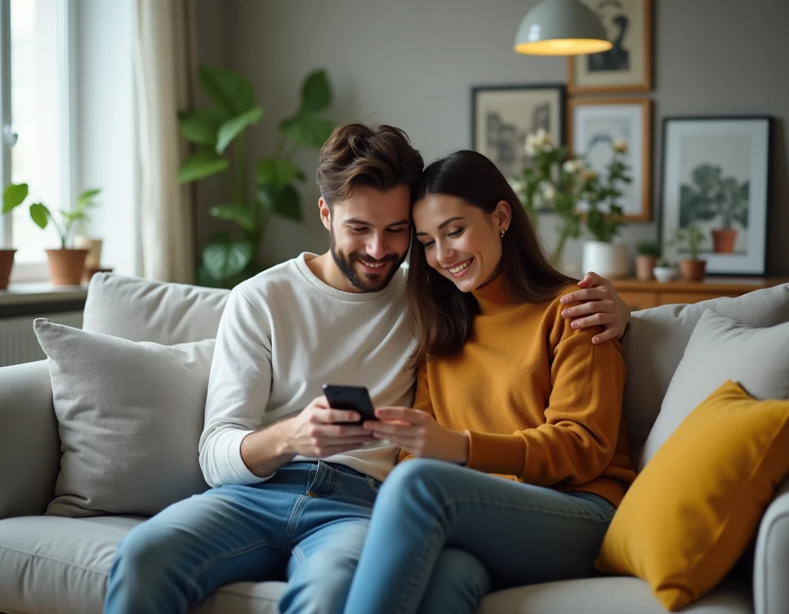 Deux amis découvrant ensemble des webtoons sur smartphone dans un appartement moderne