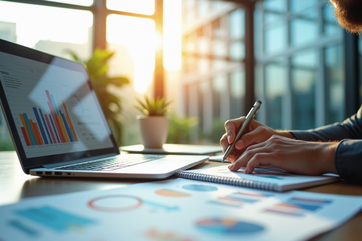 Analyste financier au bureau avec graphiques colorés