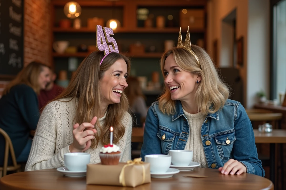 Deux femmes fêtant un anniversaire avec humour et complicité dans un café cosy
