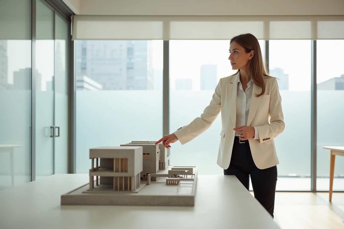 Architecte présentant une maquette de bâtiment modulaire sur base type Franchassis lors d'une réunion client