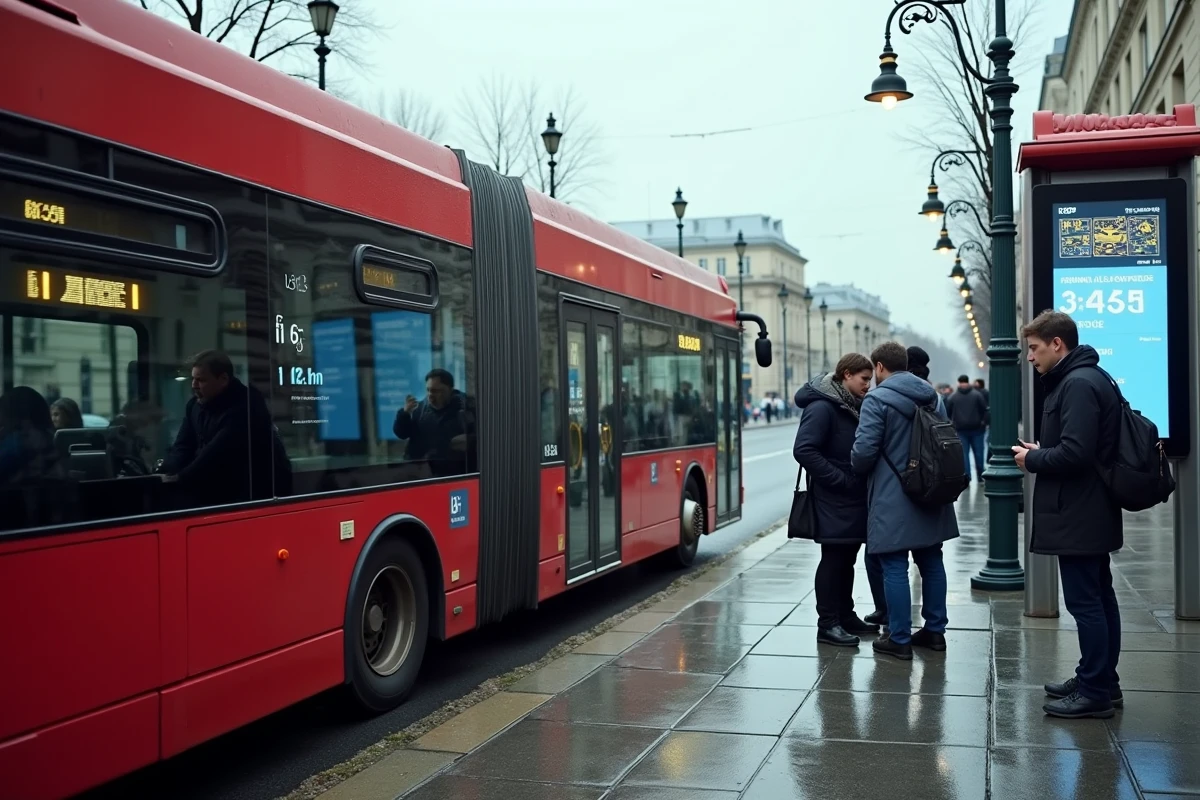 Arrêt de bus RATP à Paris avec panneau d'affichage temps réel et voyageurs consultant leur trajet