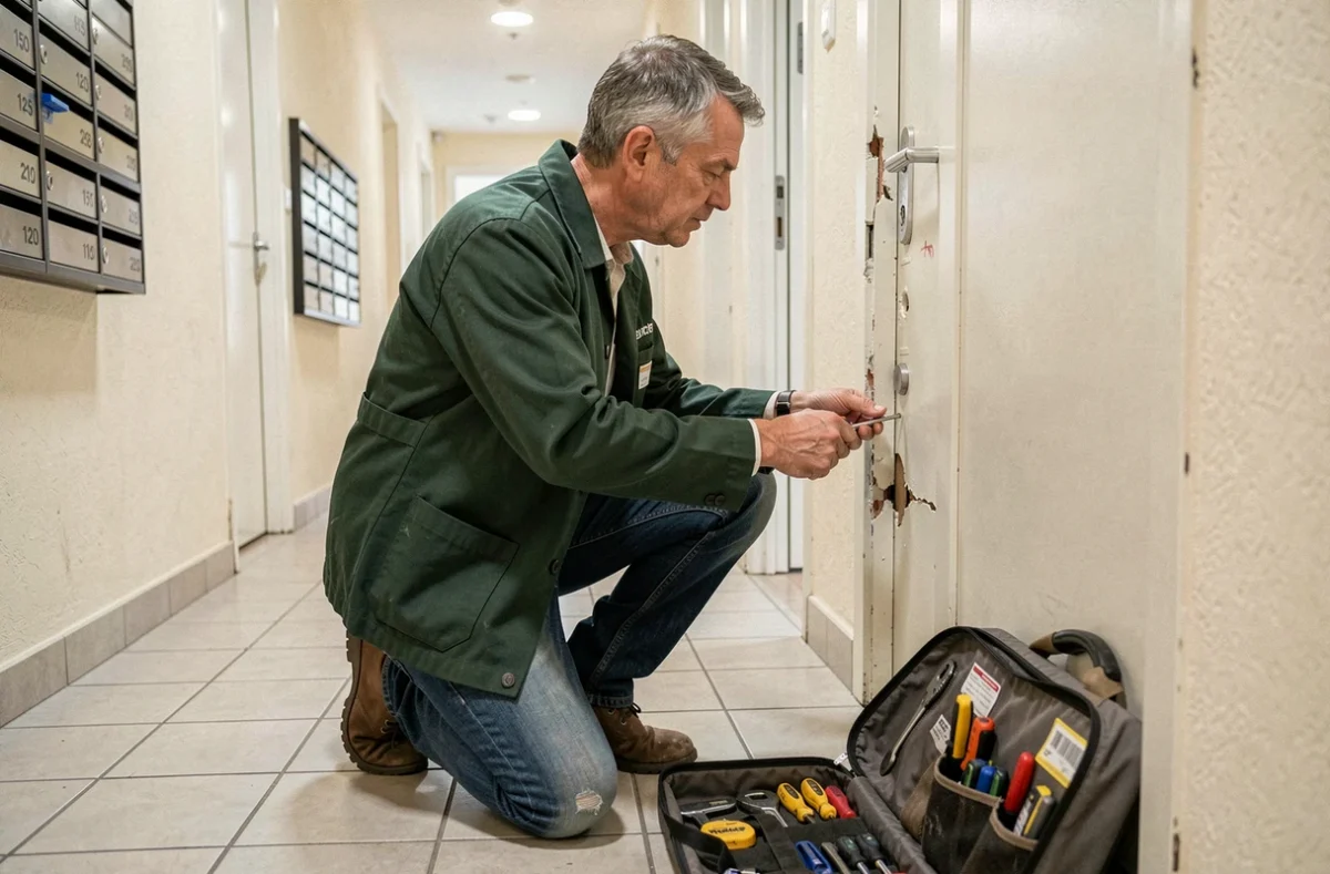 Serrurier dépanneur des Artisans Biterrois ABD intervenant sur une serrure endommagée dans un couloir d'immeuble à Béziers