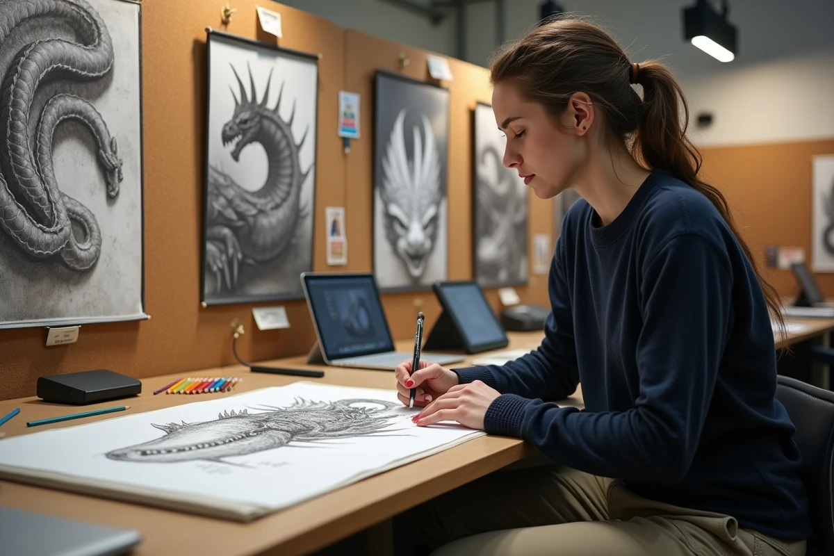 Artiste conceptuelle comparant des références archéologiques nordiques avec des dessins de dragons dans un studio de production cinématographique