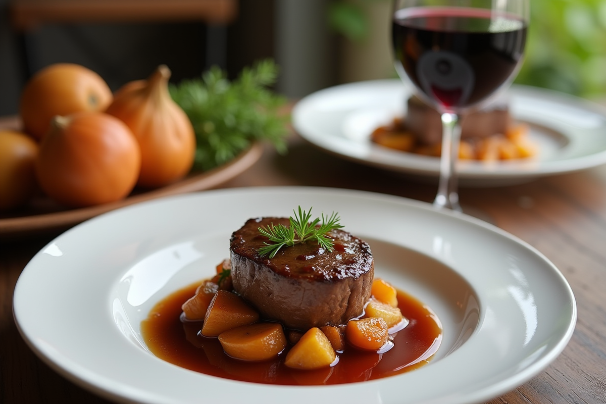 Part de boeuf carbonade servie avec légumes racines et vin rouge