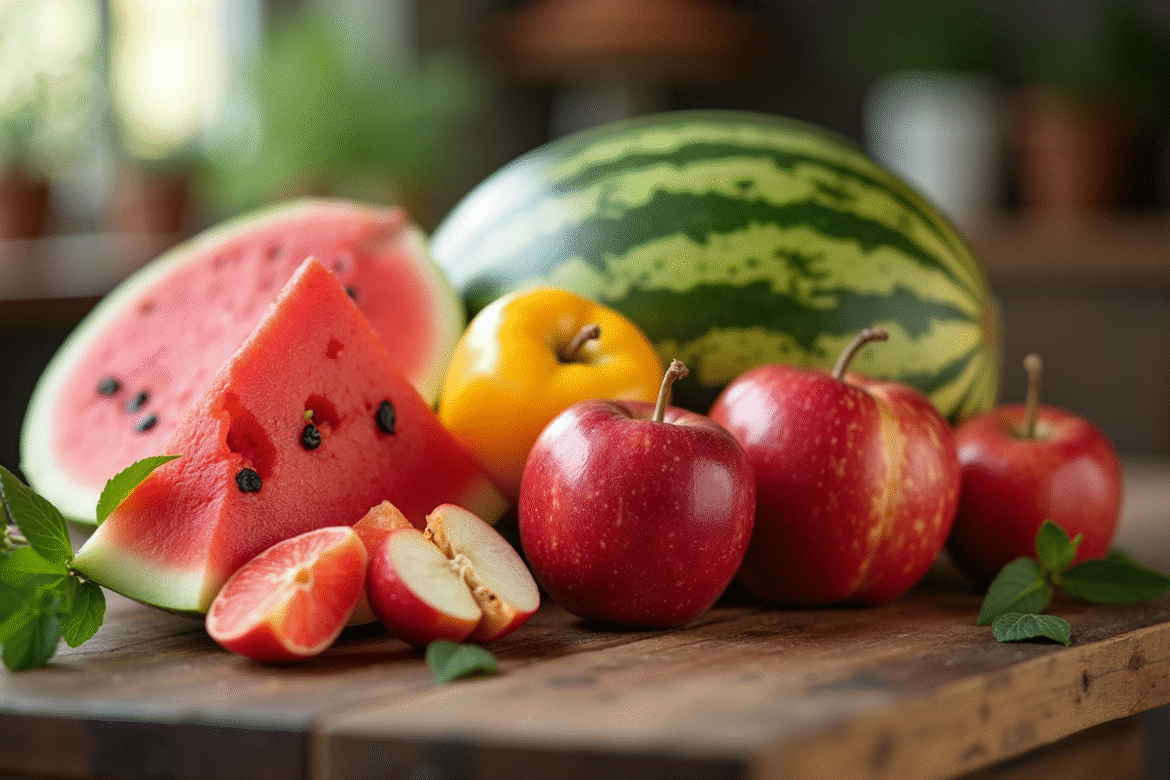 Assortiment de fruits frais sur table en bois rustic