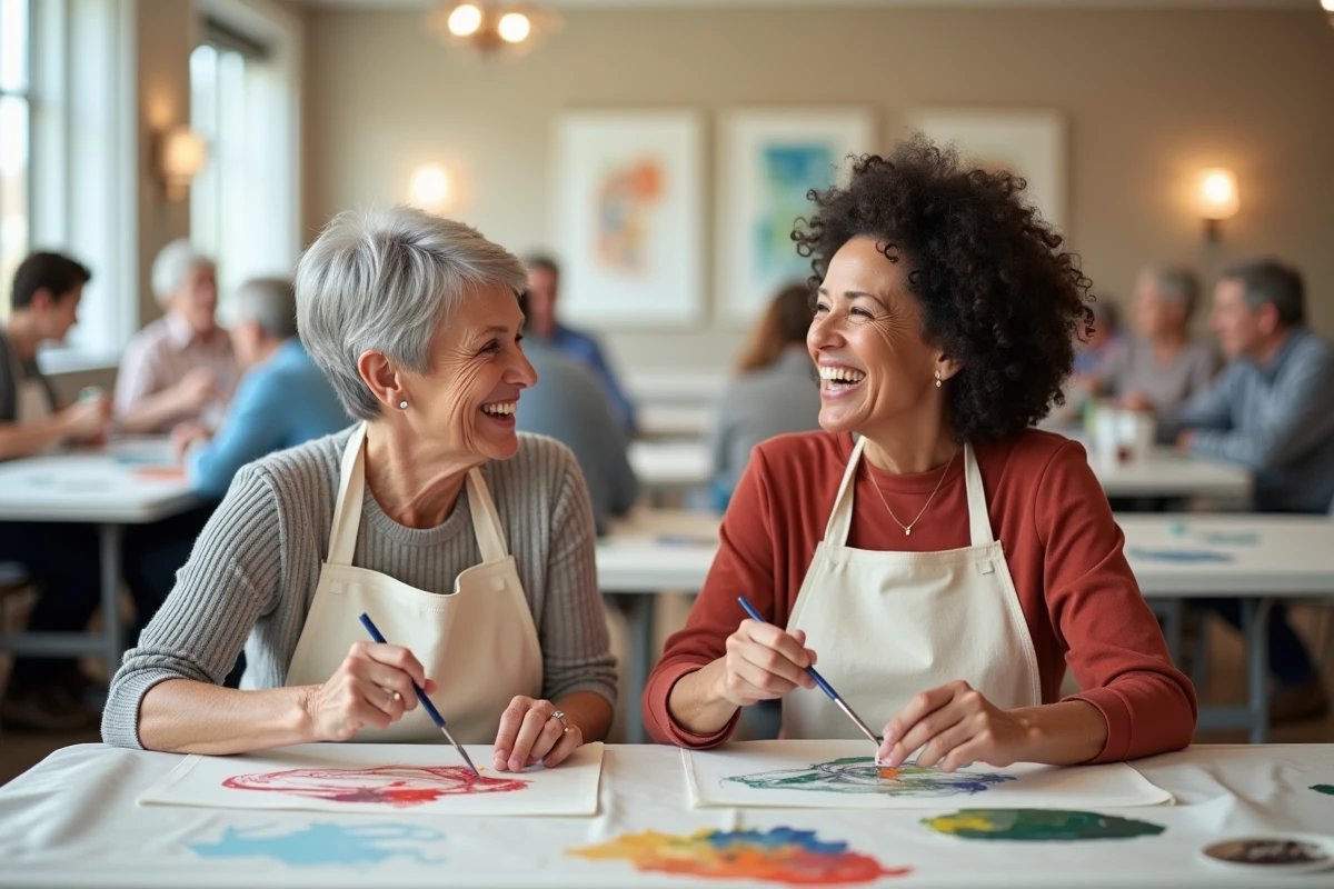 Deux femmes adultes riant ensemble lors d'un atelier de peinture sur tote bag en tissu, prouvant que les loisirs créatifs manuels ne nécessitent pas de talent artistique préalable