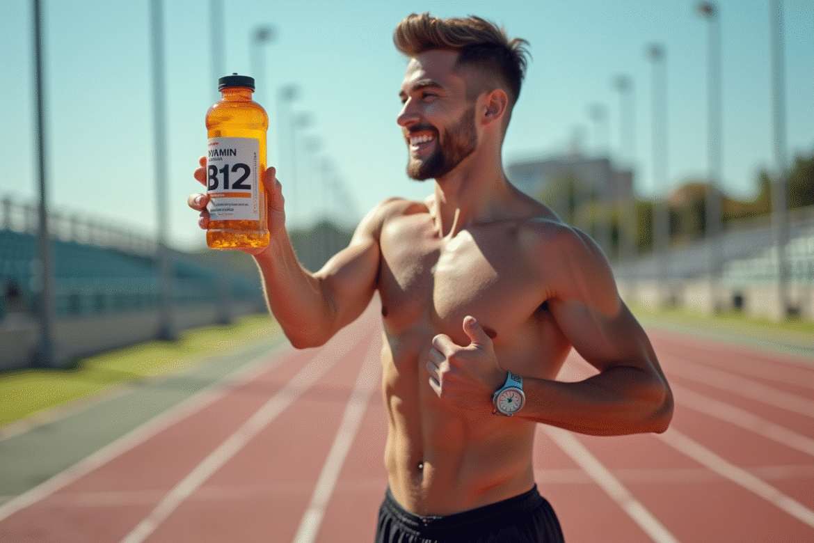 Jeune athlète souriant avec bouteille de vitamine B12 en plein air