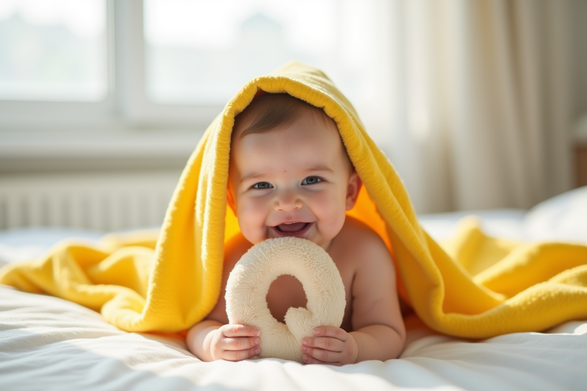 Bebe heureux avec une peluche en forme de lettre Q