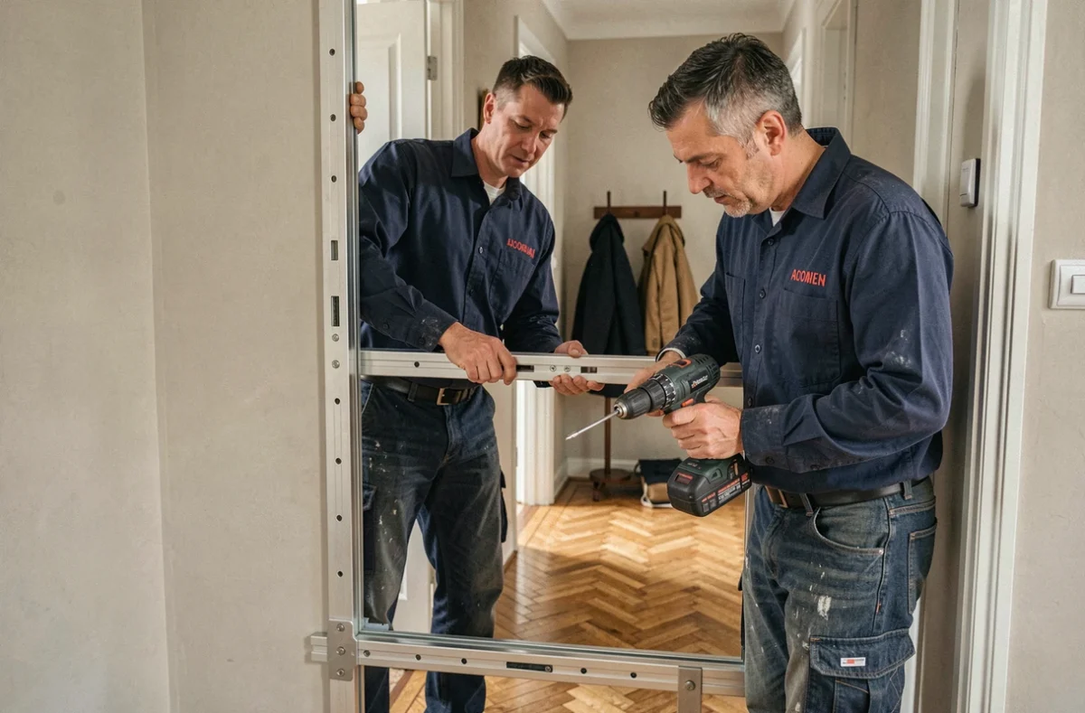 B&M Serrurerie, deux techniciens installant une porte blindée dans un couloir de maison individuelle française