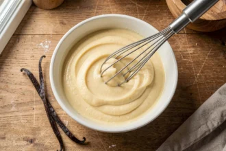 Bol de crème pâtissière lisse avec un fouet et une gousse de vanille