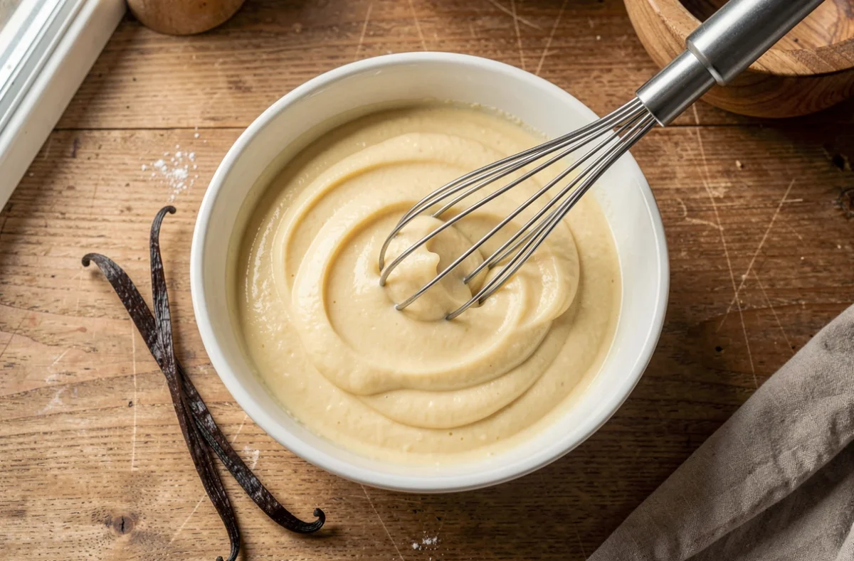 Bol de crème pâtissière lisse avec un fouet et une gousse de vanille