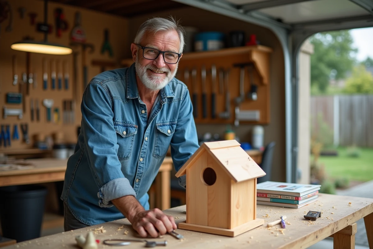 Homme adulte amateur assemblant un nichoir en bois dans son garage, montrant qu'aucun talent artistique n'est requis pour débuter les travaux manuels