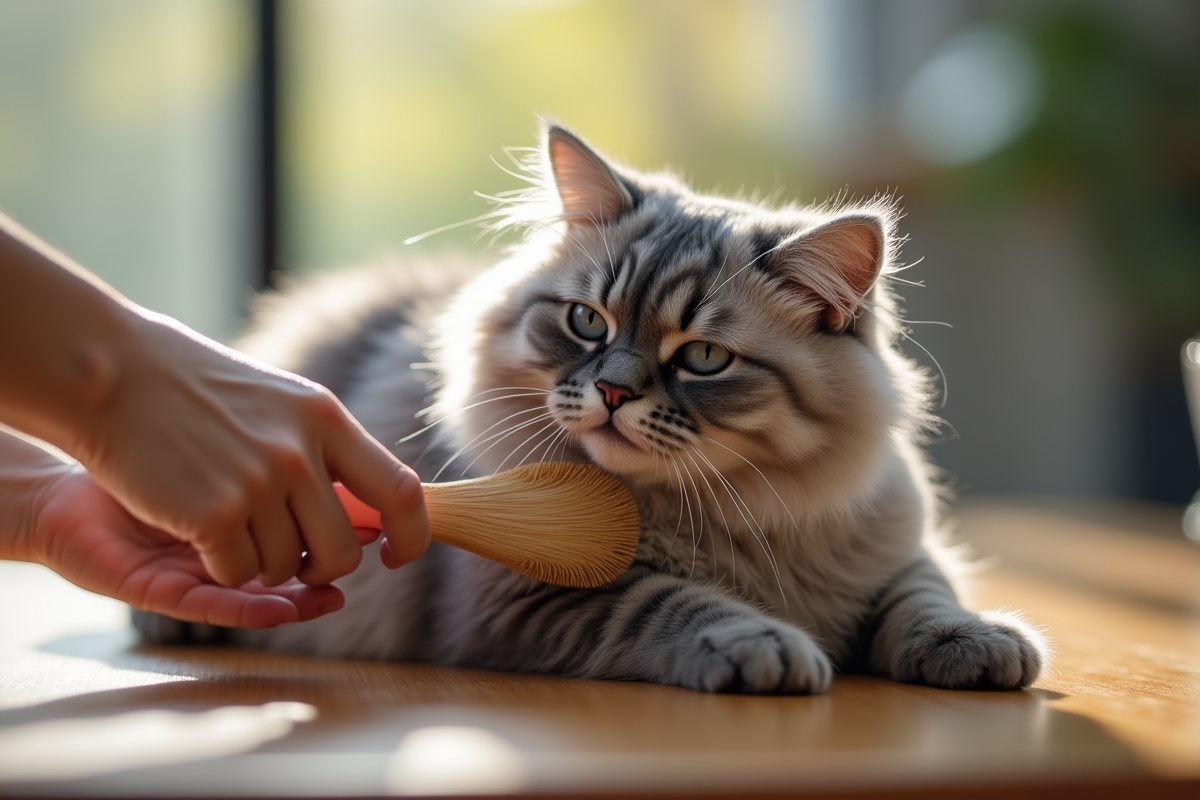 Main brossant un chat persan chinchilla sur une table en bois