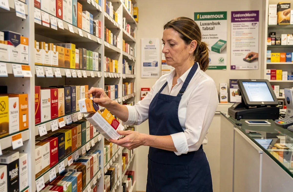 Une buraliste luxembourgeoise réassortit un présentoir de cartouches de cigarettes dans son bureau de tabac, avec des étiquettes de prix en euros bien visibles