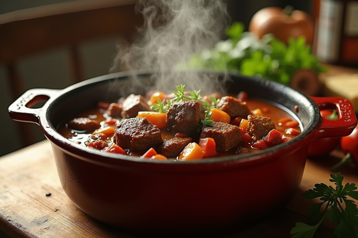 Ragoût de boeuf carbonade dans une cocotte en fonte avec herbes