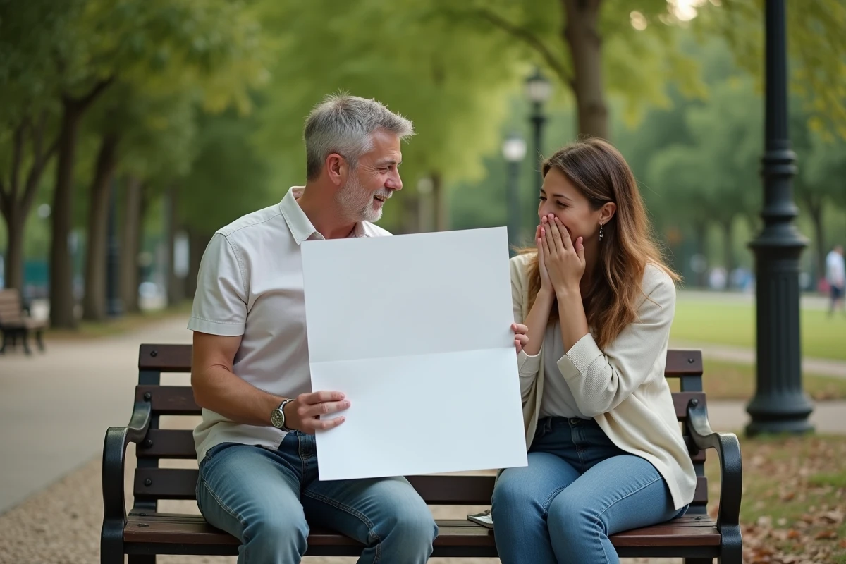 Homme tenant une énorme carte d'anniversaire humoristique pour sa partenaire dans un parc