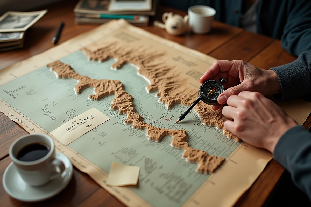 Carte topographique annotée de la baie de Lituya en Alaska sur une table de travail scientifique avec archives photographiques du tsunami de 1958