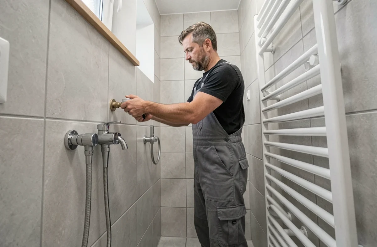 Technicien de Chauffage et Bain travaillant simultanément sur la plomberie et le chauffage dans une salle de bain rénovée à Besançon