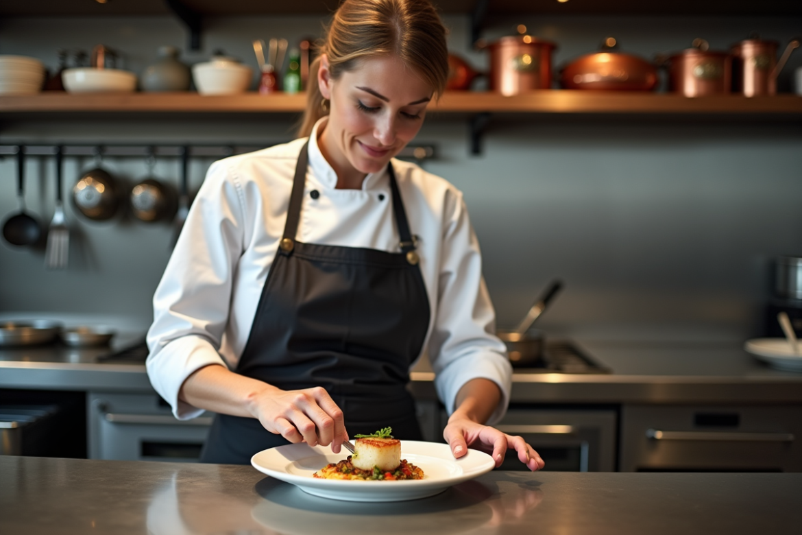 Chef femme en cuisine moderne dressant coquilles SaintJacques