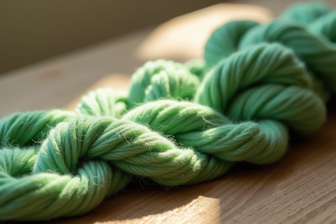 Fil de chenille vert doux sur une table en bois avec étiquettes éco-responsables