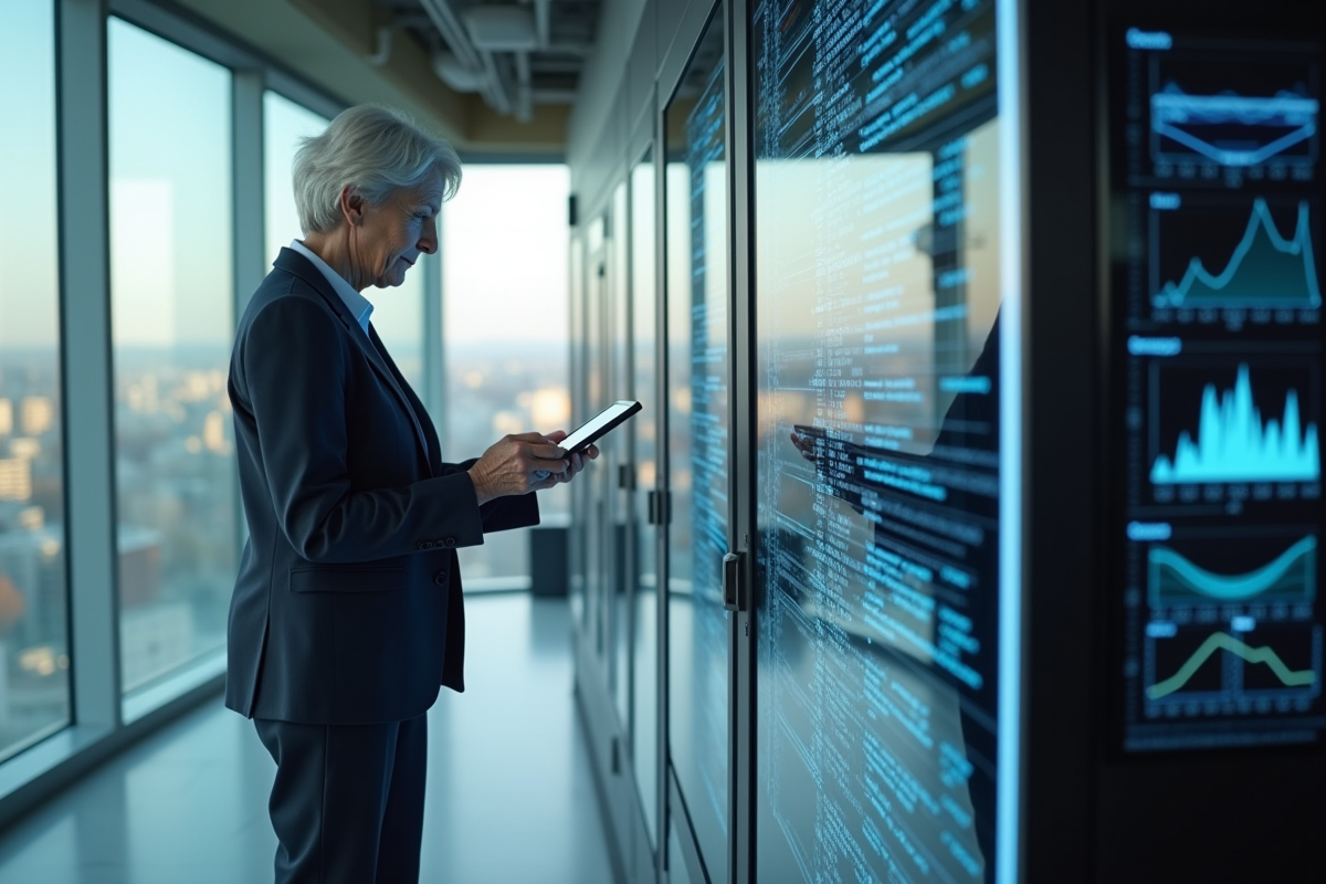 Chercheuse d age moyen analysant des données devant un quantum