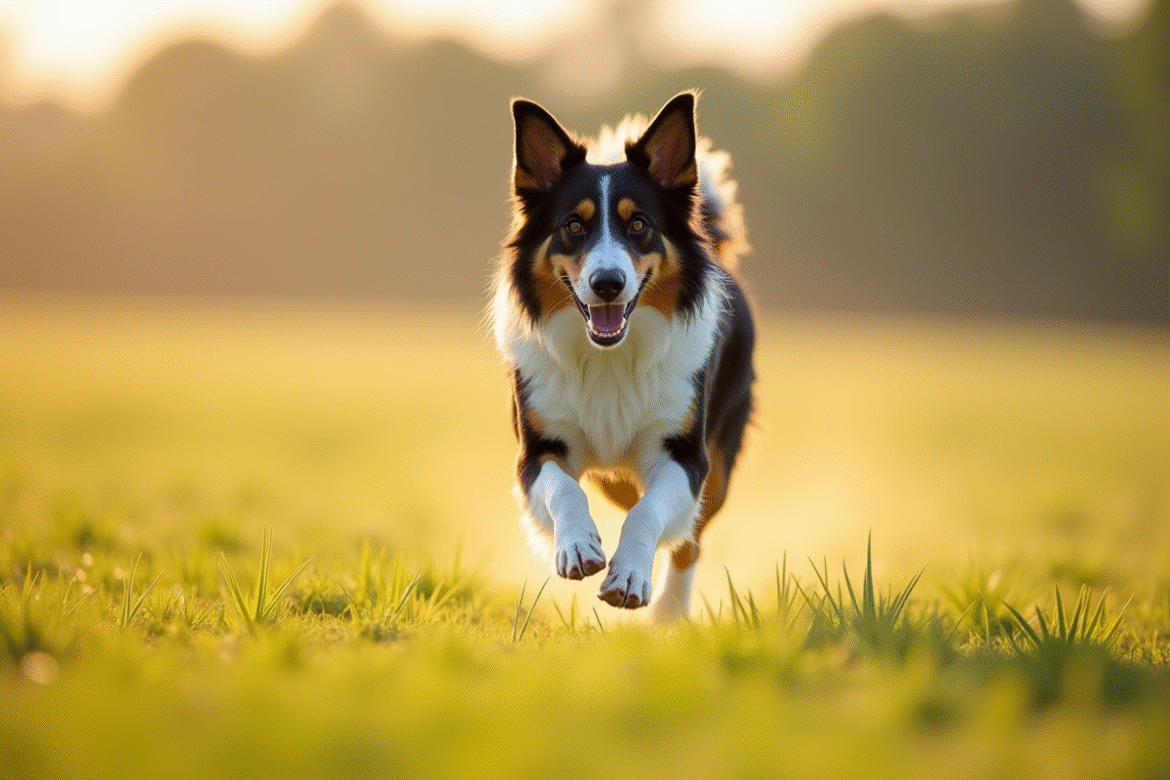Chien border collie et australian shepherd courant dans un champ ensoleille