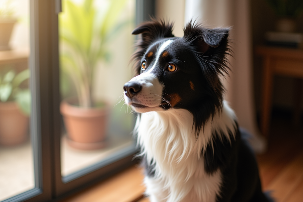 Chien calme observant à l intérieur près d une fenêtre en lumière naturelle