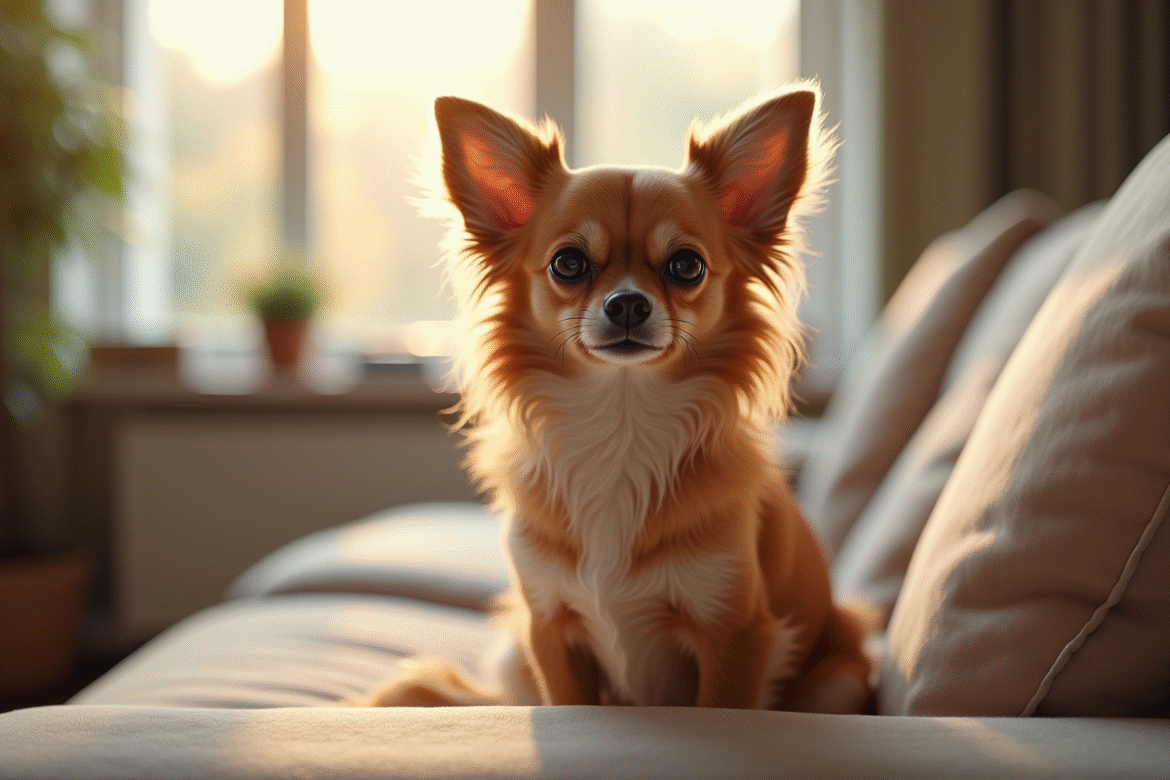 Chihuahua à longue poil assis sur un canapé lumineux
