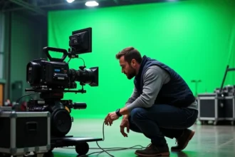 Cinématographe professionnel analysant un moniteur de caméra cinéma sur un plateau de tournage Marvel avec fond vert