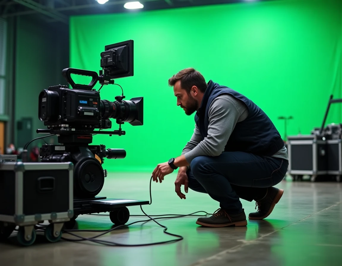 Cinématographe professionnel analysant un moniteur de caméra cinéma sur un plateau de tournage Marvel avec fond vert