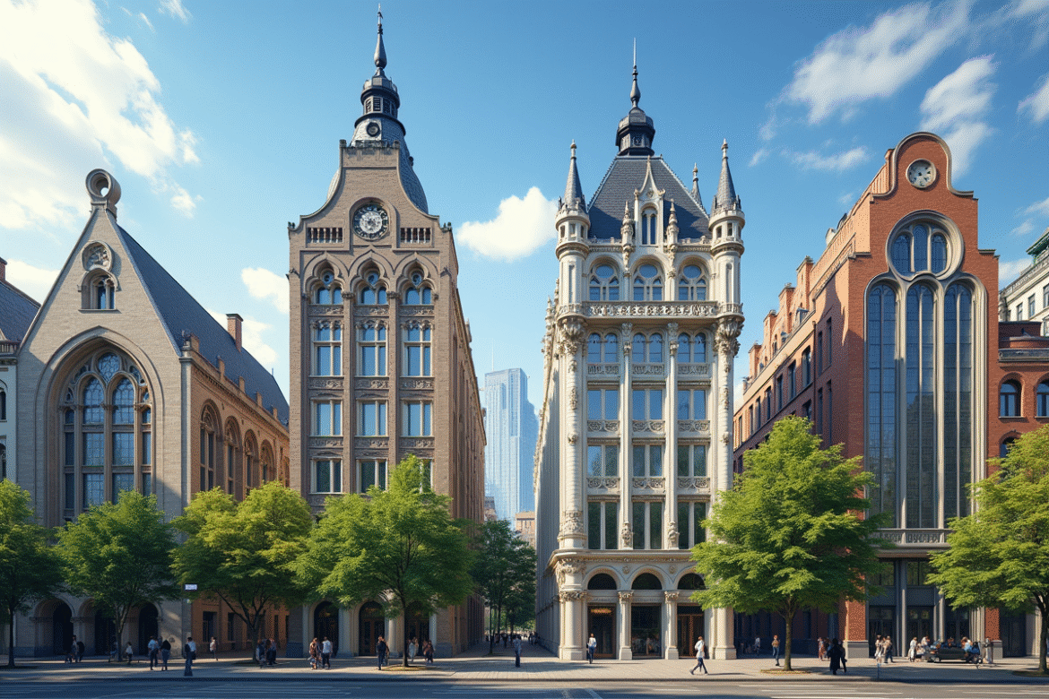 Paysage urbain ensoleille avec styles gothique moderne baroque et art deco