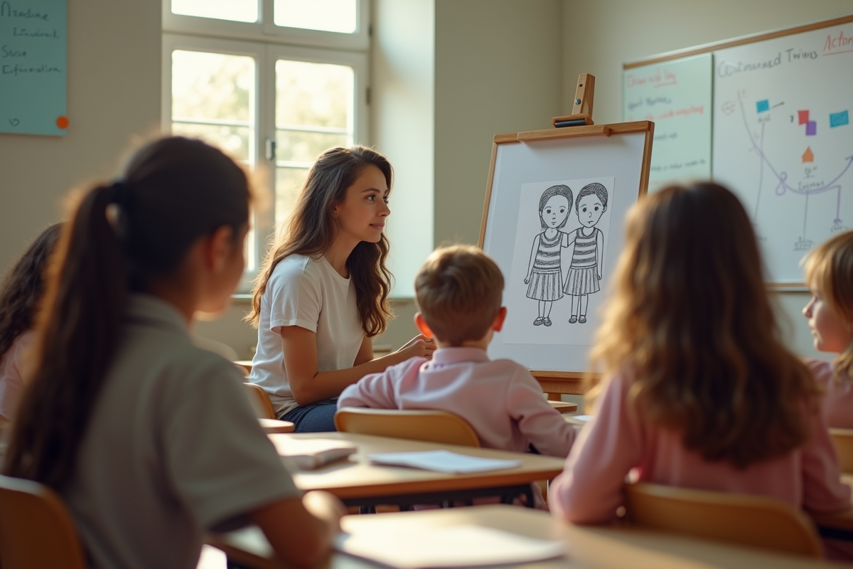 Enfants attentifs dans une classe avec un enseignant expliquant les jumelles