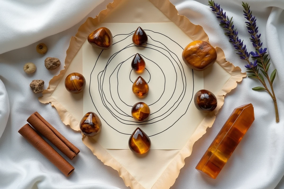 Disposition à plat de pierres oeil du tigre en différentes formes avec un schéma de chakras, une baguette de sélénite et des plantes séchées sur tissu lin blanc