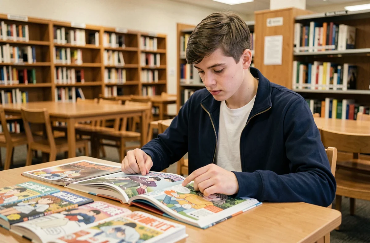 Adolescent comparant plusieurs volumes de manga One Punch Man en version française dans une bibliothèque publique