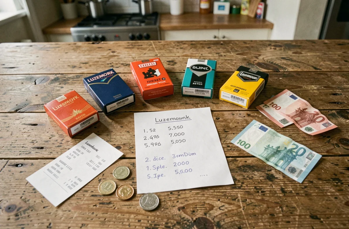 Vue aérienne de cartouches de cigarettes, de prix manuscrits et de billets en euros posés sur une table en bois, illustrant la comparaison des tarifs au Luxembourg