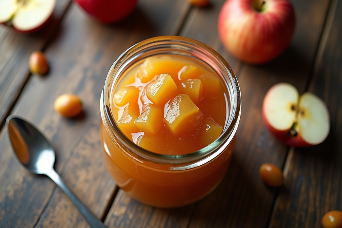 Pot de compote de pomme avec cuillère et pomme fraîche