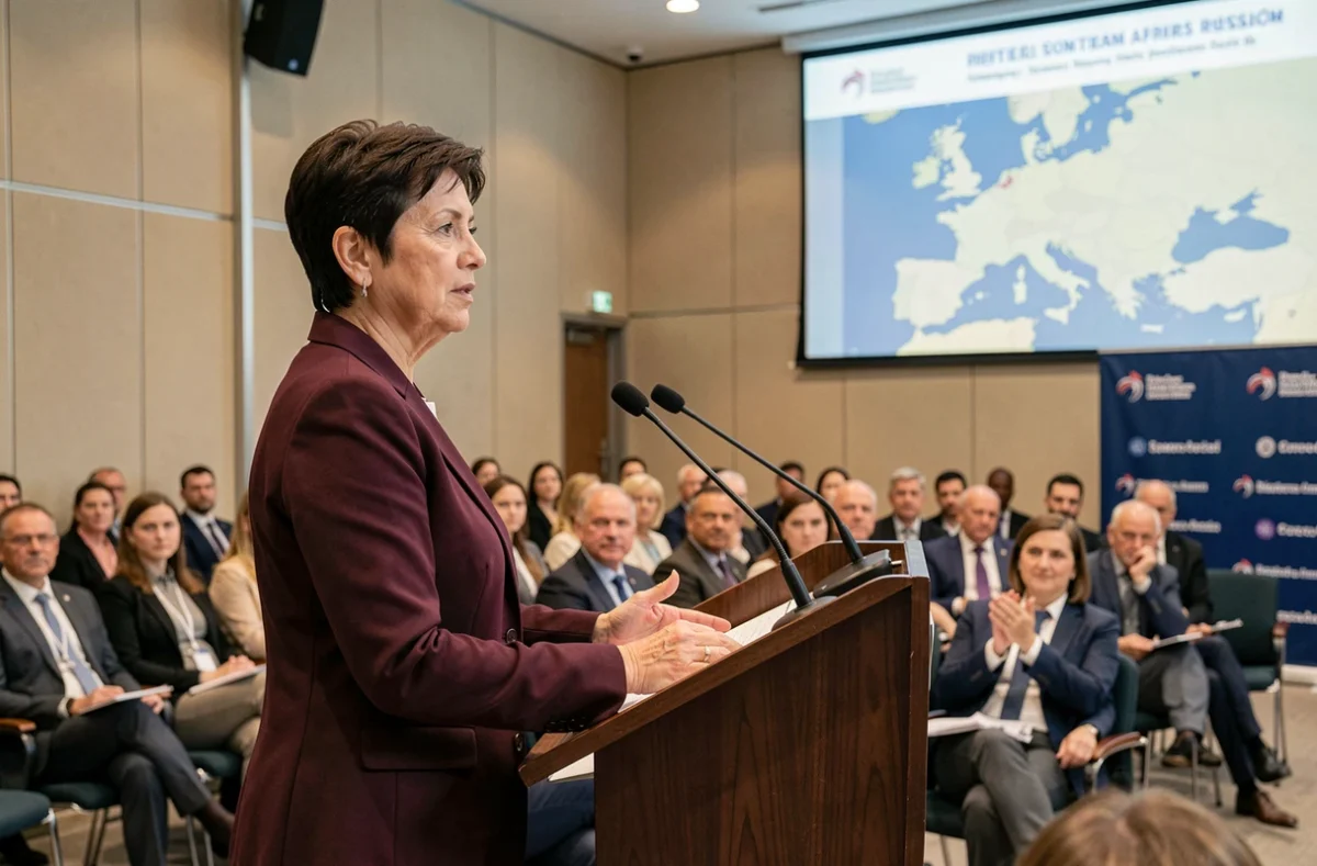 Conférencière experte en relations russo-européennes prenant la parole lors d'un symposium géopolitique international